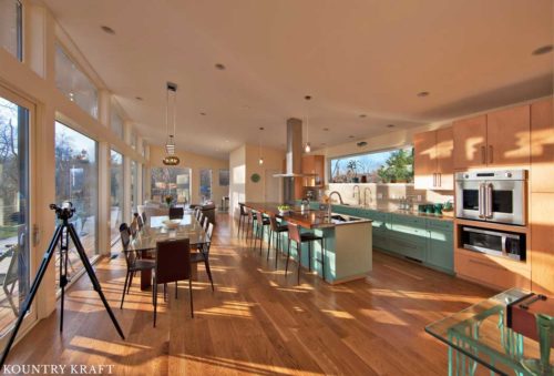 This Contemporary Kitchen Features a Single Wall Layout and Green Colored Cabinets and Kitchen Island