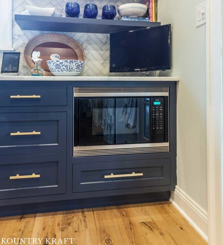 Hale navy kitchen cabinets with built in microwave Bay Head, NJ