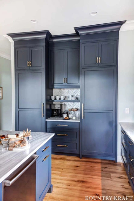 Hale navy kitchen cabinets with mini counter and shelves Bay Head, NJ