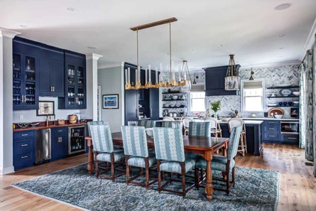 Dinning room with table, chairs, and hale navy kitchen cabinets Bay Head, NJ