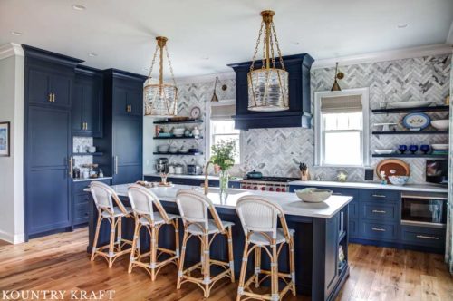 Kitchen Island with Seating and Hale Navy Kitchen Cabinet Color with White and Blue Backsplash