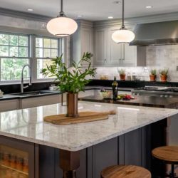 Kitchen Island Features a Butcher Block Top and Harbor Gray Kitchen Cabinets for this Transitional Kitchen