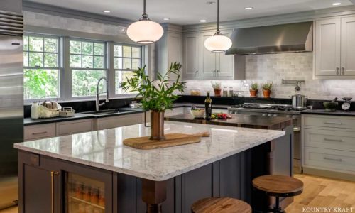 Kitchen Island Features a Butcher Block Top and Harbor Gray Kitchen Cabinets for this Transitional Kitchen