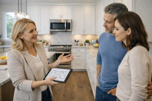 Kitchen designer discussing layout plans with a couple in their home kitchen while holding a tablet.