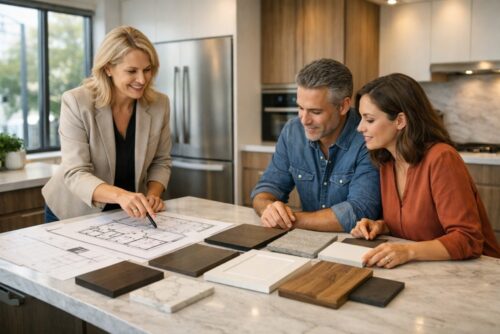 Kitchen designer reviewing space planning drawings with a couple in a modern showroom, with cabinetry and countertop samples displayed on a marble island.
