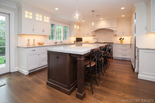 Kitchen cabinet with White Dove painted finish and island with English Walnut stain Madison, NJ