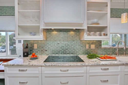 Close up of counter with sink, vegetables, and glass panel cabinets doors Venice, FL