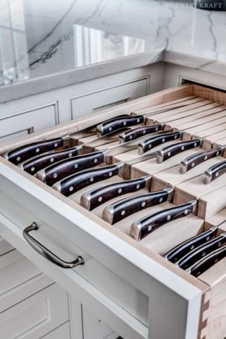 Close up of open hard maple drawer with knife organizers Madison, New Jersey