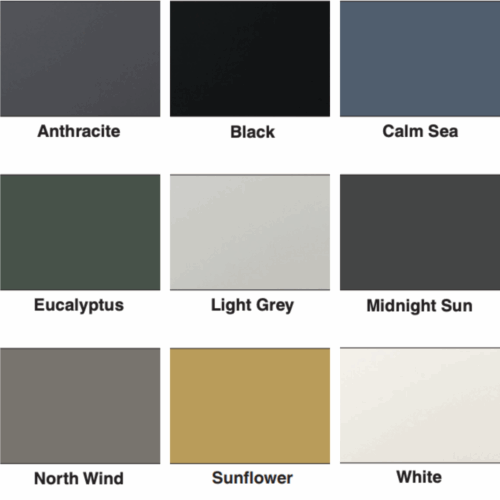 Color swatches of grays, black, mustard, and browns for Kountry Kraft Cabinetry.