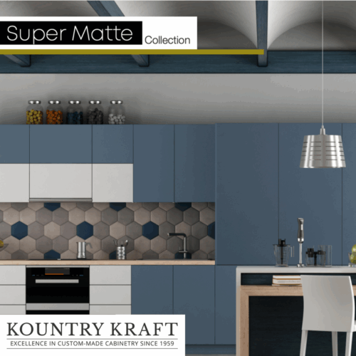 Gray super matte cabinets by Kountry Kraft Cabinetry.