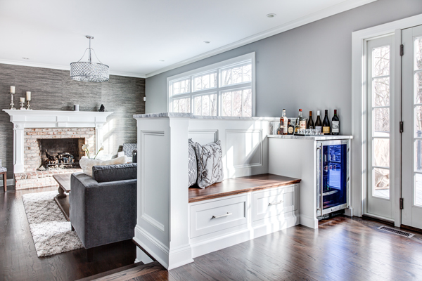 Custom Mini Bar Cabinet Ideas Built in Bench with Beverage Fridge Cabinet on One End