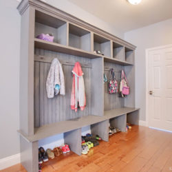 Gray Wolf Mudroom Cabinets with coat hooks and storage units for entryway in Sinking Spring, PA