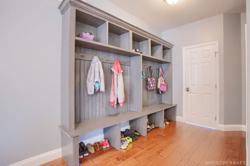 Gray Wolf Mudroom Cabinets with coat hooks and storage units for entryway in Sinking Spring, PA