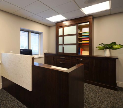 office area reception desk and custom cabinets