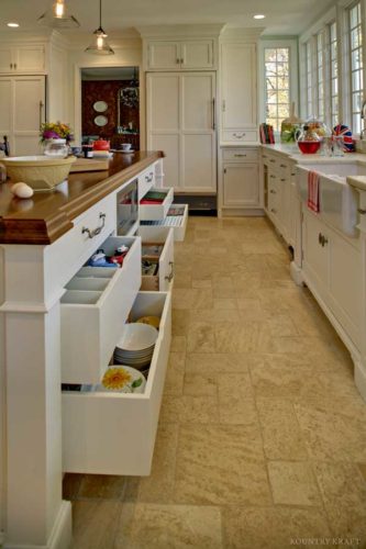 Island with many drawers and painted white cabinets Summit, NJ