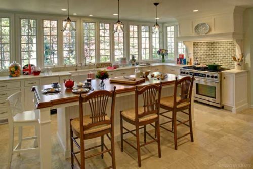 Painted white cabinets, island with seating, range, and sink Summit, NJ