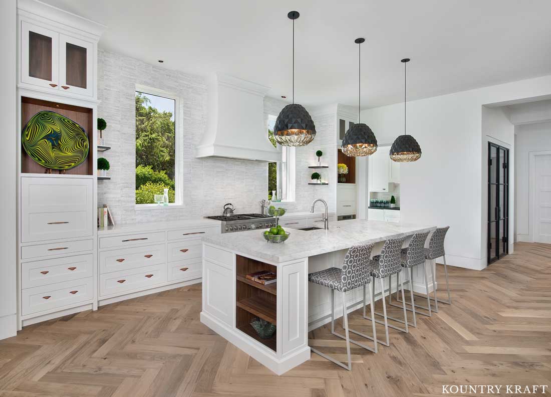 Single Wall Kitchen with White Christmas Painted Cove Inset Cabinets in Naples, Florida