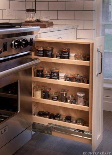 spice cabinets are used for small kitchen storage ideas