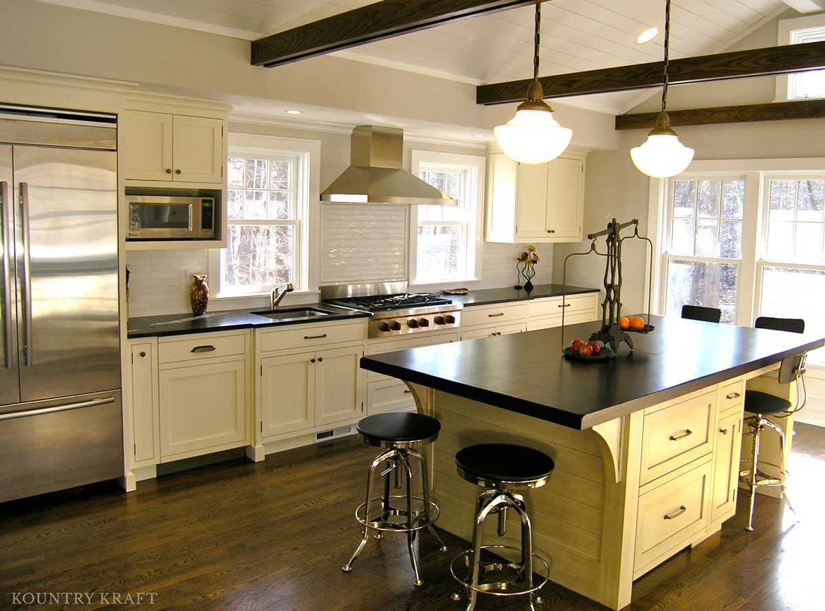 Storage cabinet, range, refrigerator, and kitchen island with stools New Canaan, CT