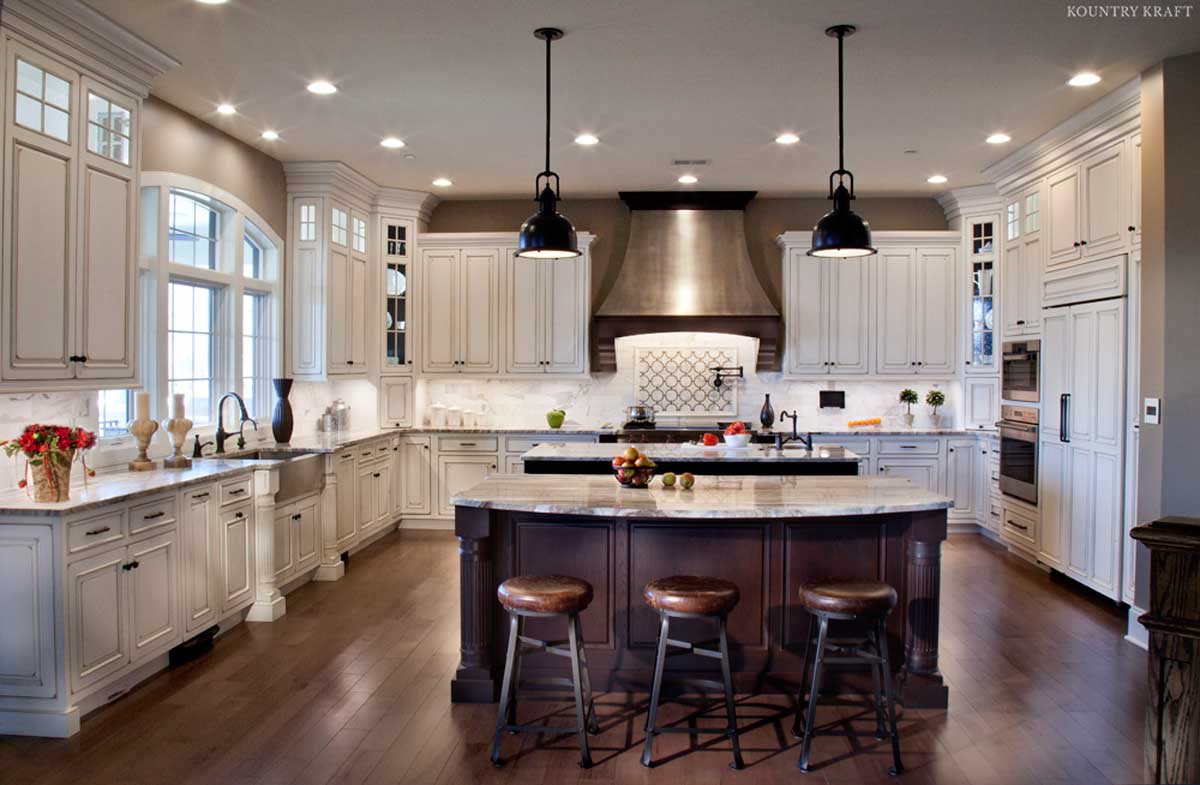 Overall view of kitchen with island and white cabinets Ellicott City, MD