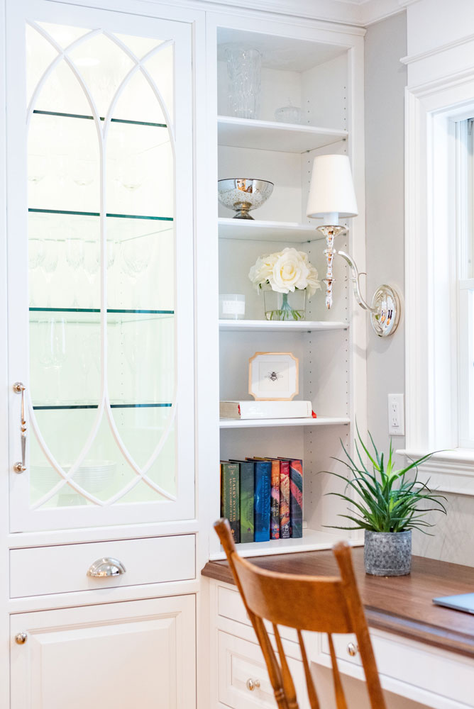 Built-in Open Shelves for Desk Area in a White Kitchen Design