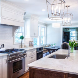 Overall view of kitchen including oven, range, and walnut island Madison, NJ