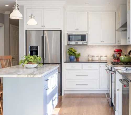 white and blue cabinets