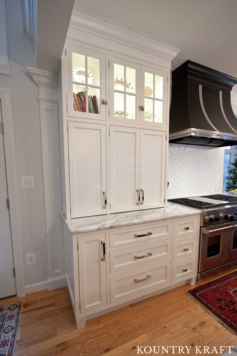 Upper and Base Alpine White Painted Cabinets with Glass Doors and Silver Hardware