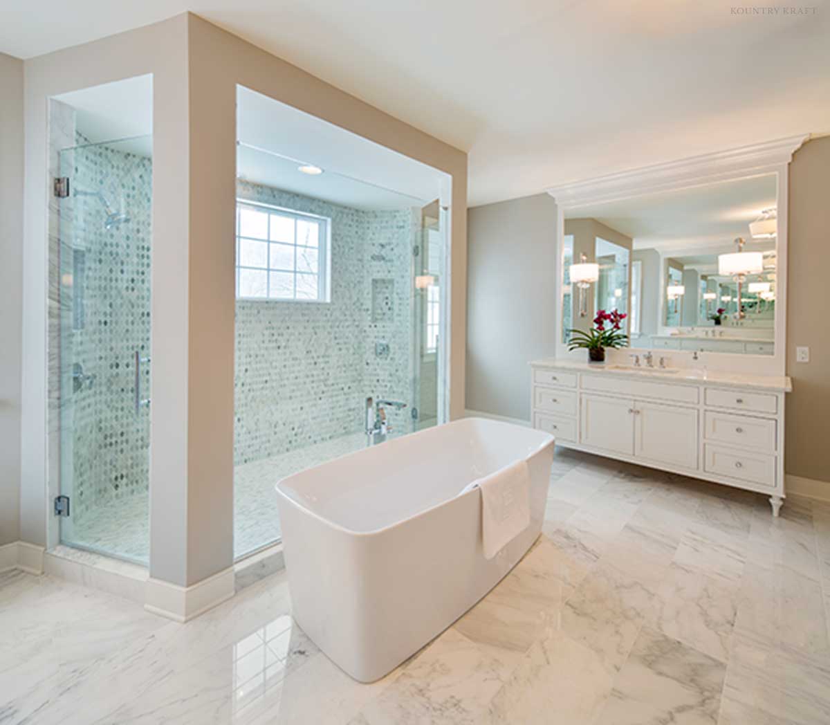 White bathroom with tub, shower, and vanity Devon, PA