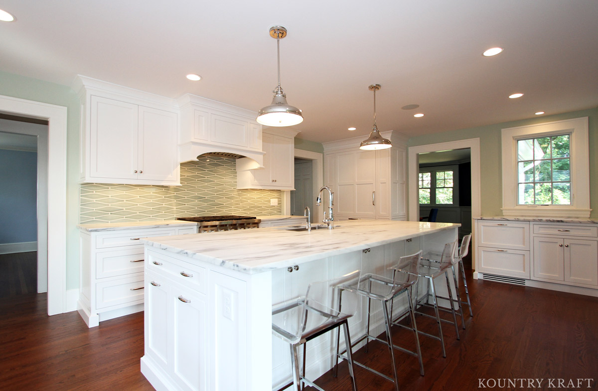 Hard Maple wood alpine white cabinet and island Madison, NJ