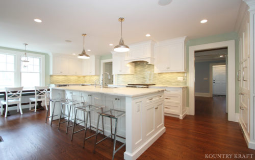 Hard Maple wood alpine white cabinet and island with space for seating Madison, NJ