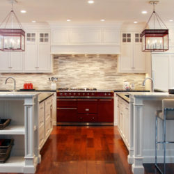 Hard Maple wood white kitchen cabinets and two islands with sinks New Canaan, CT