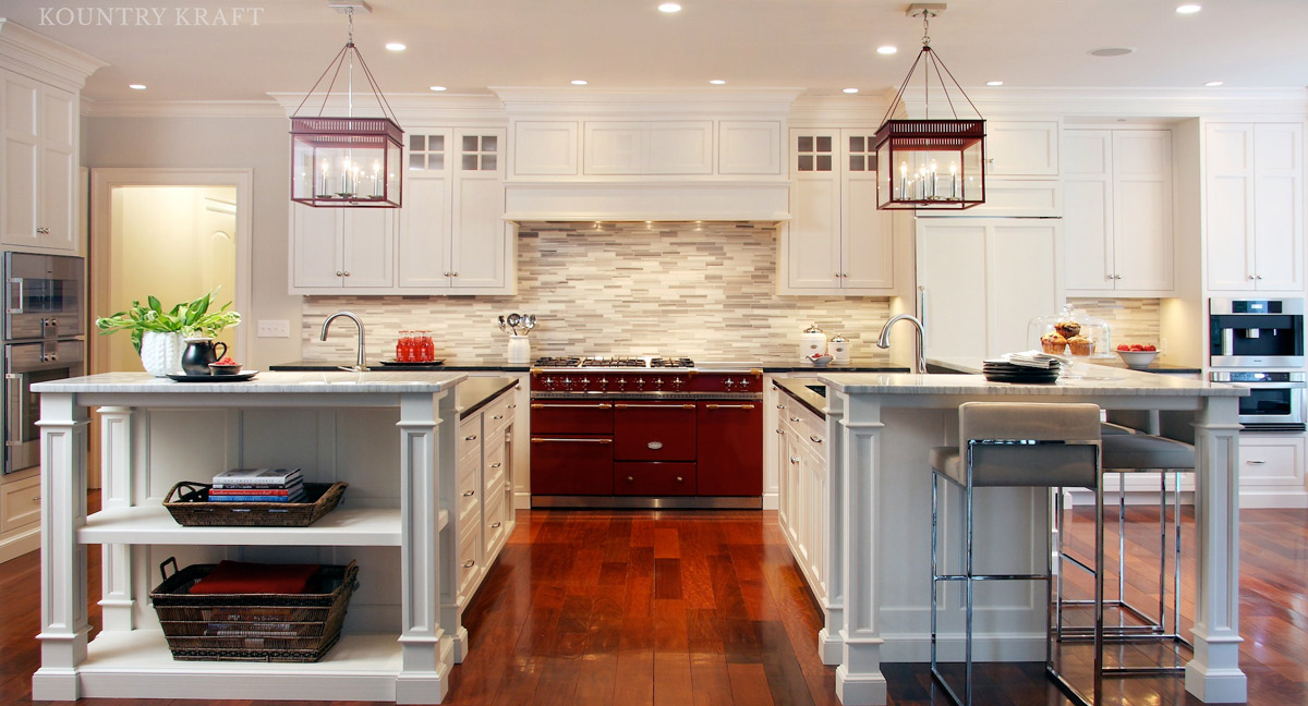 Hard Maple wood white kitchen cabinets and two islands with sinks New Canaan, CT