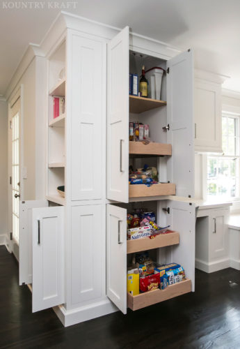 White kitchen cabinets and pull out pantry shelves Summit, NJ